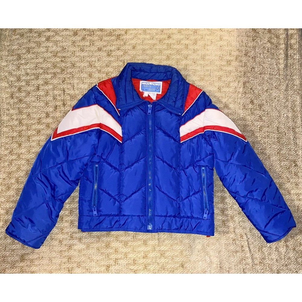 Vintage White Gold Snowboard Ski Puffer Jacket Womens Medium Red White Blue